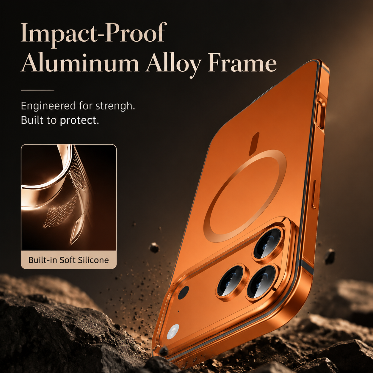 Premium iPhone Case MagSafe Compatible Orange Aluminum Alloy Cover Camera Lens Protection Shockproof Anti Scratch Finish Lightweight Secure Grip Full Coverage Design