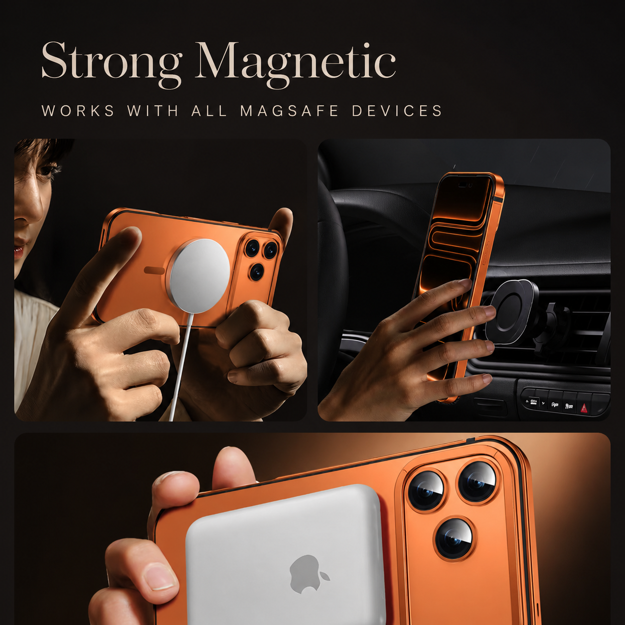 Premium iPhone Case MagSafe Compatible Orange Aluminum Alloy Cover Camera Lens Protection Shockproof Anti Scratch Finish Lightweight Secure Grip Full Coverage Design