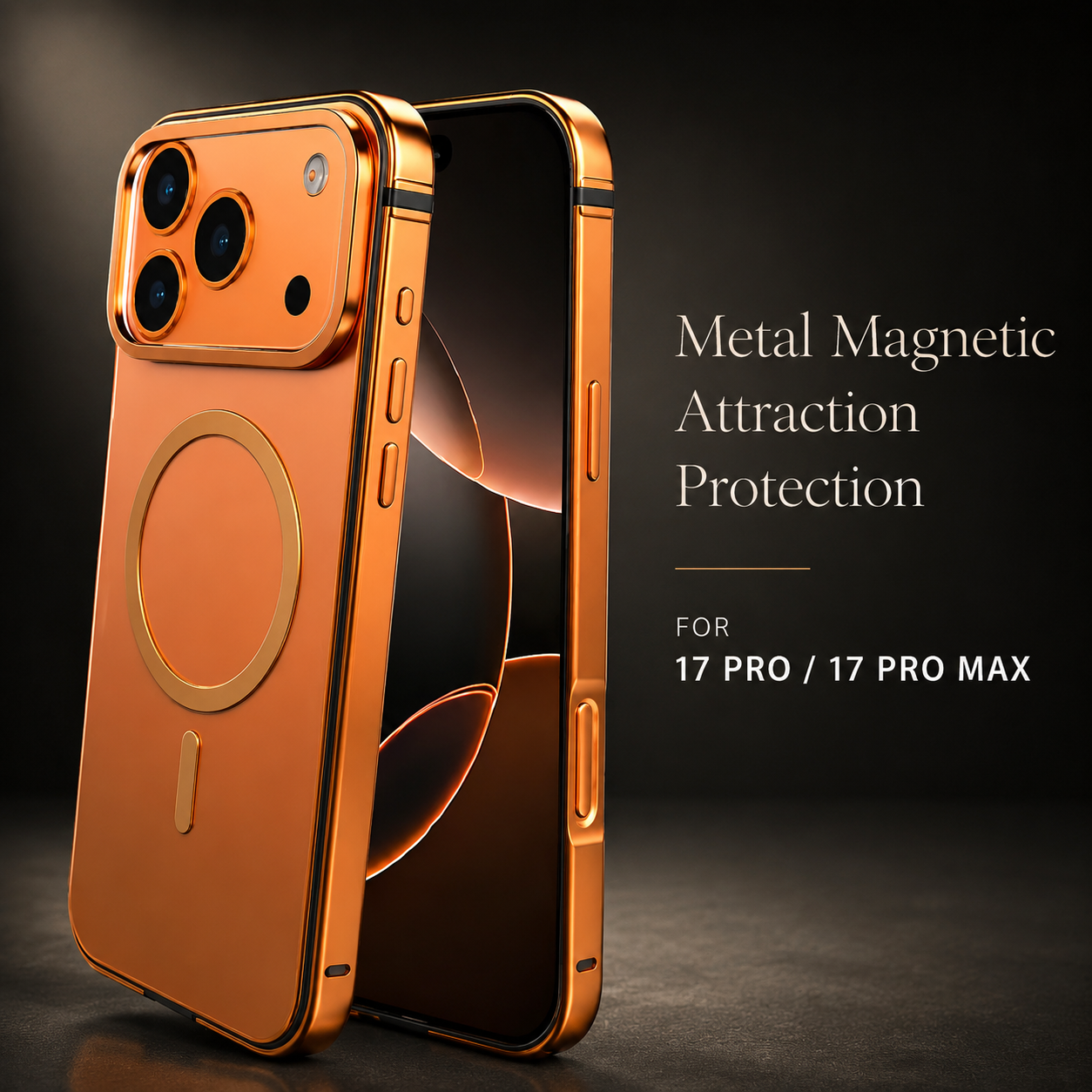 Premium iPhone Case MagSafe Compatible Orange Aluminum Alloy Cover Camera Lens Protection Shockproof Anti Scratch Finish Lightweight Secure Grip Full Coverage Design