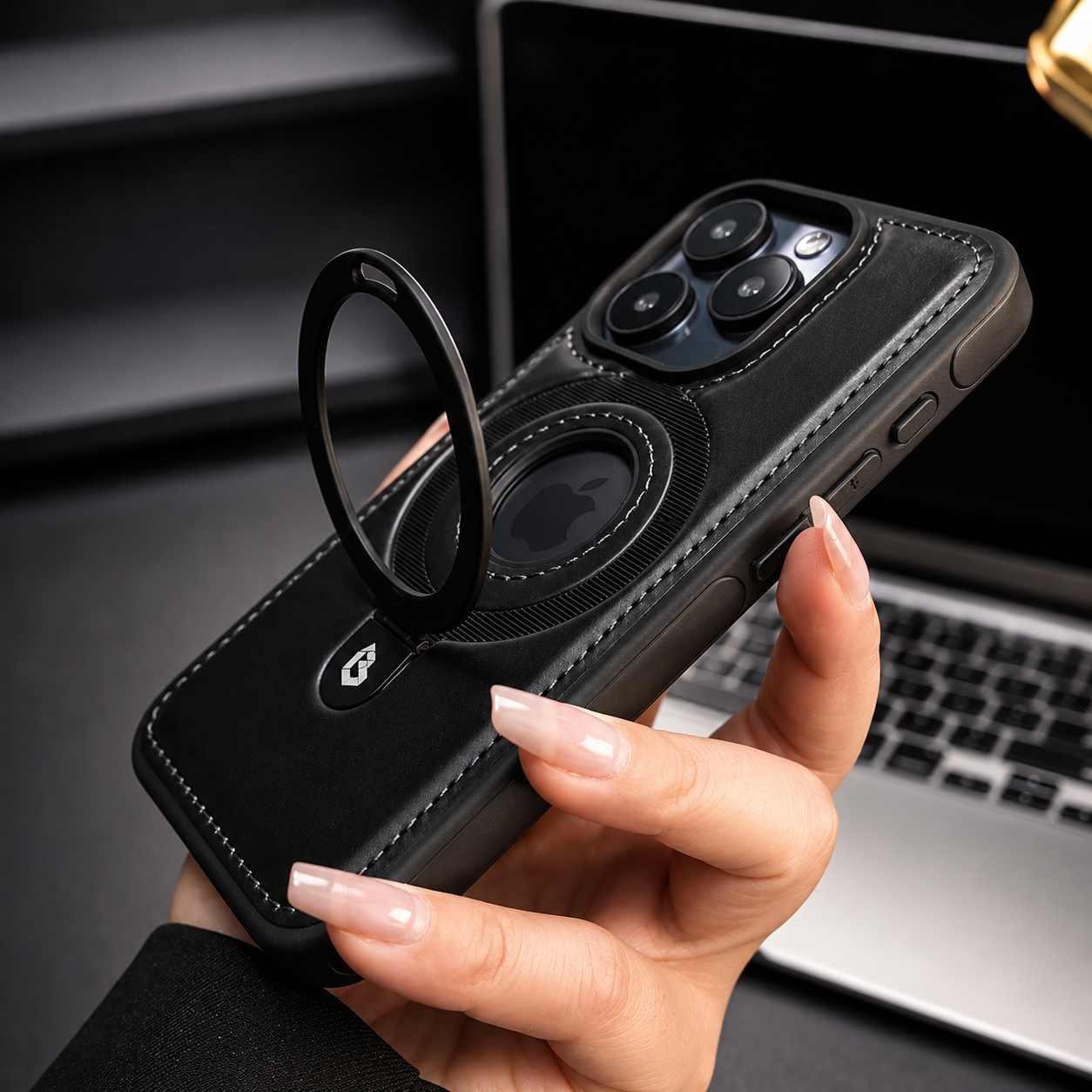 Premium iPhone Case MagSafe Compatible PU Leather Protective Cover 360 Rotating Ring Stand Camera Lens Protection Shockproof Slim Design