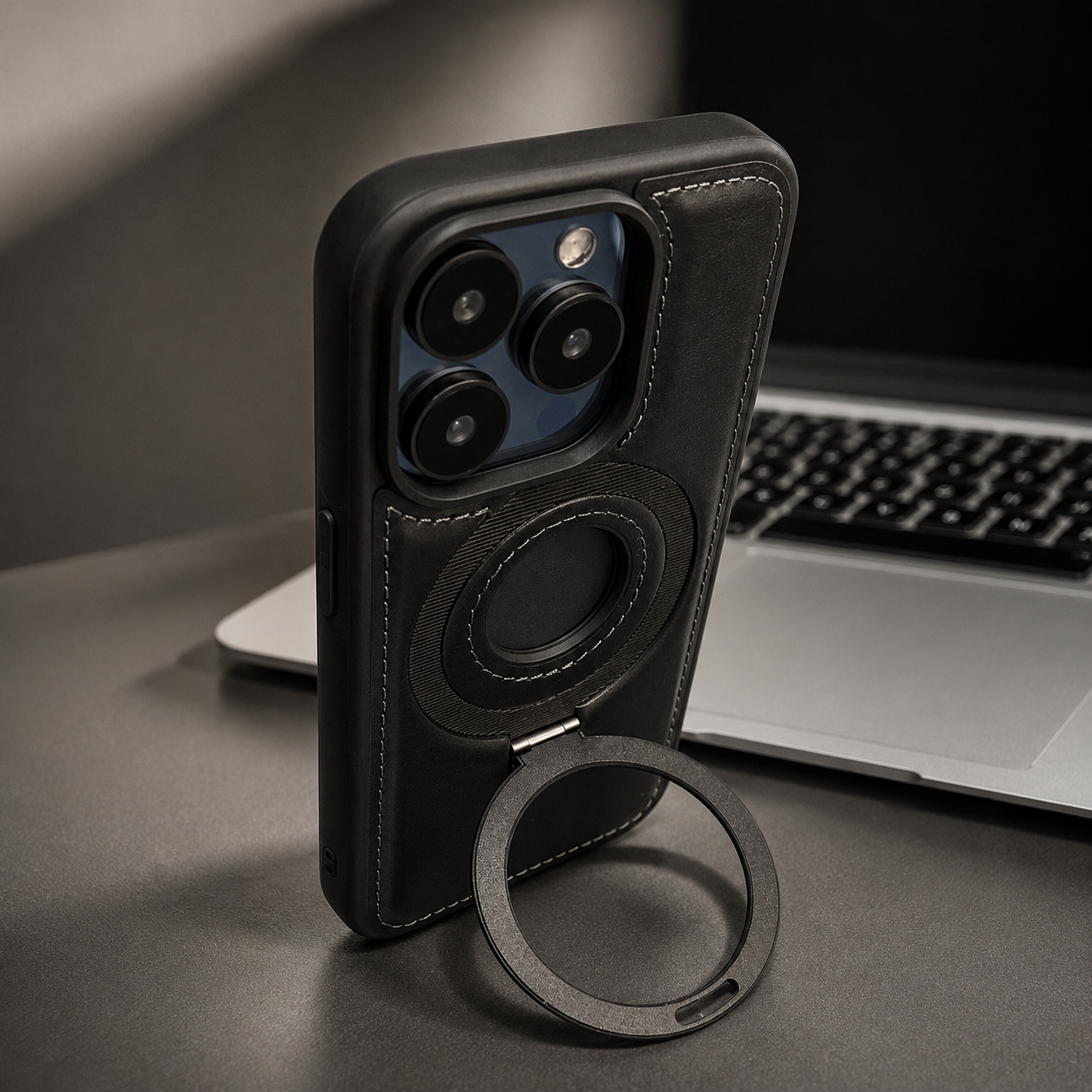 Premium iPhone Case MagSafe Compatible PU Leather Protective Cover 360 Rotating Ring Stand Camera Lens Protection Shockproof Slim Design