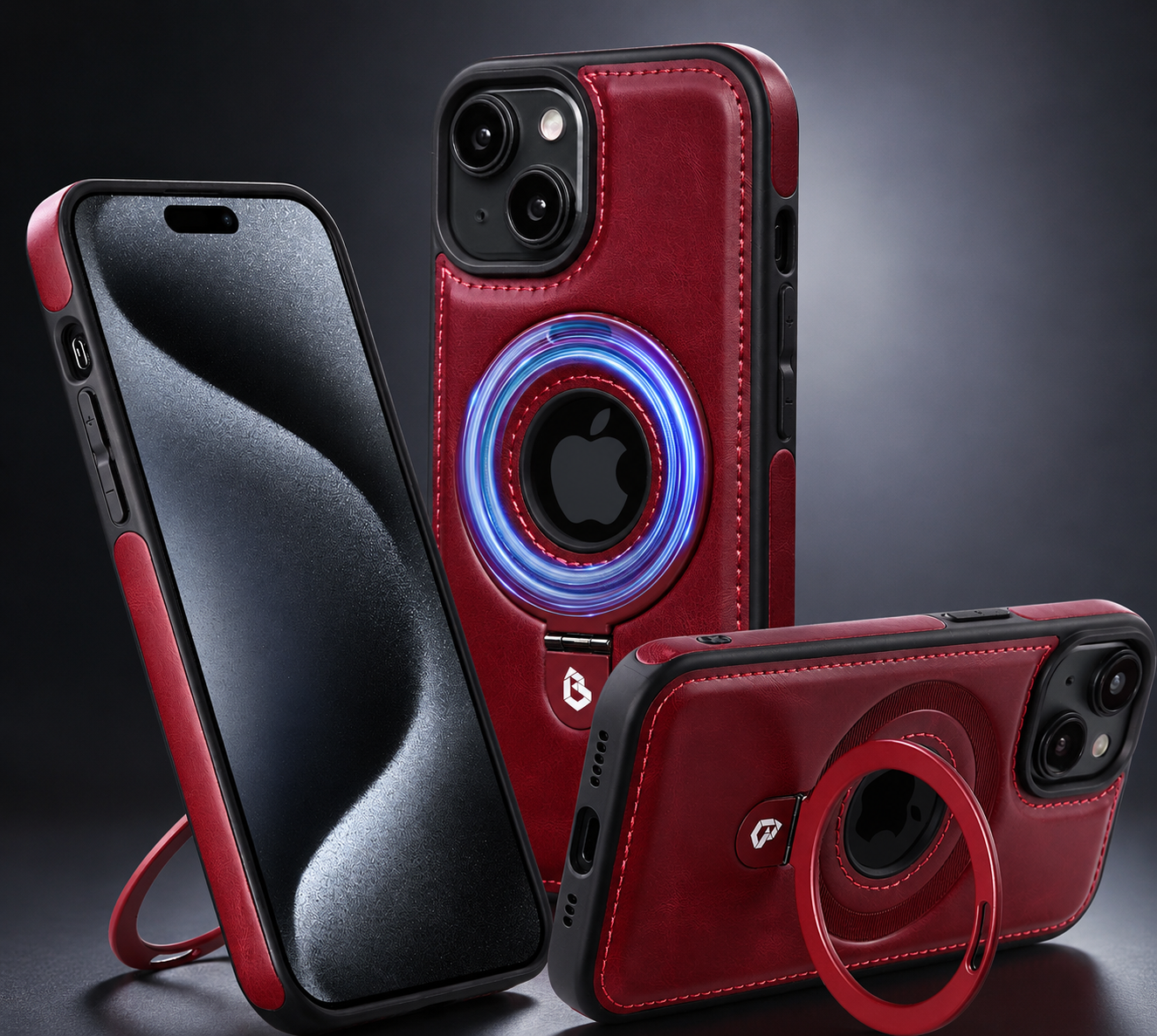 Premium iPhone Case MagSafe Compatible PU Leather Protective Cover 360 Rotating Ring Stand Camera Lens Protection Shockproof Slim Design