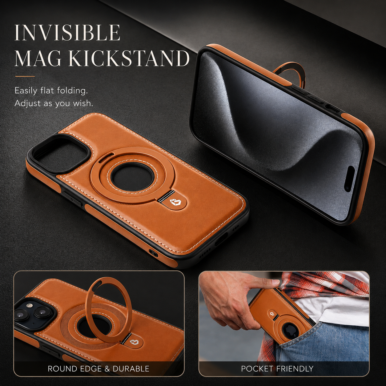 Premium iPhone Case MagSafe Compatible PU Leather Protective Cover 360 Rotating Ring Stand Camera Lens Protection Shockproof Slim Design