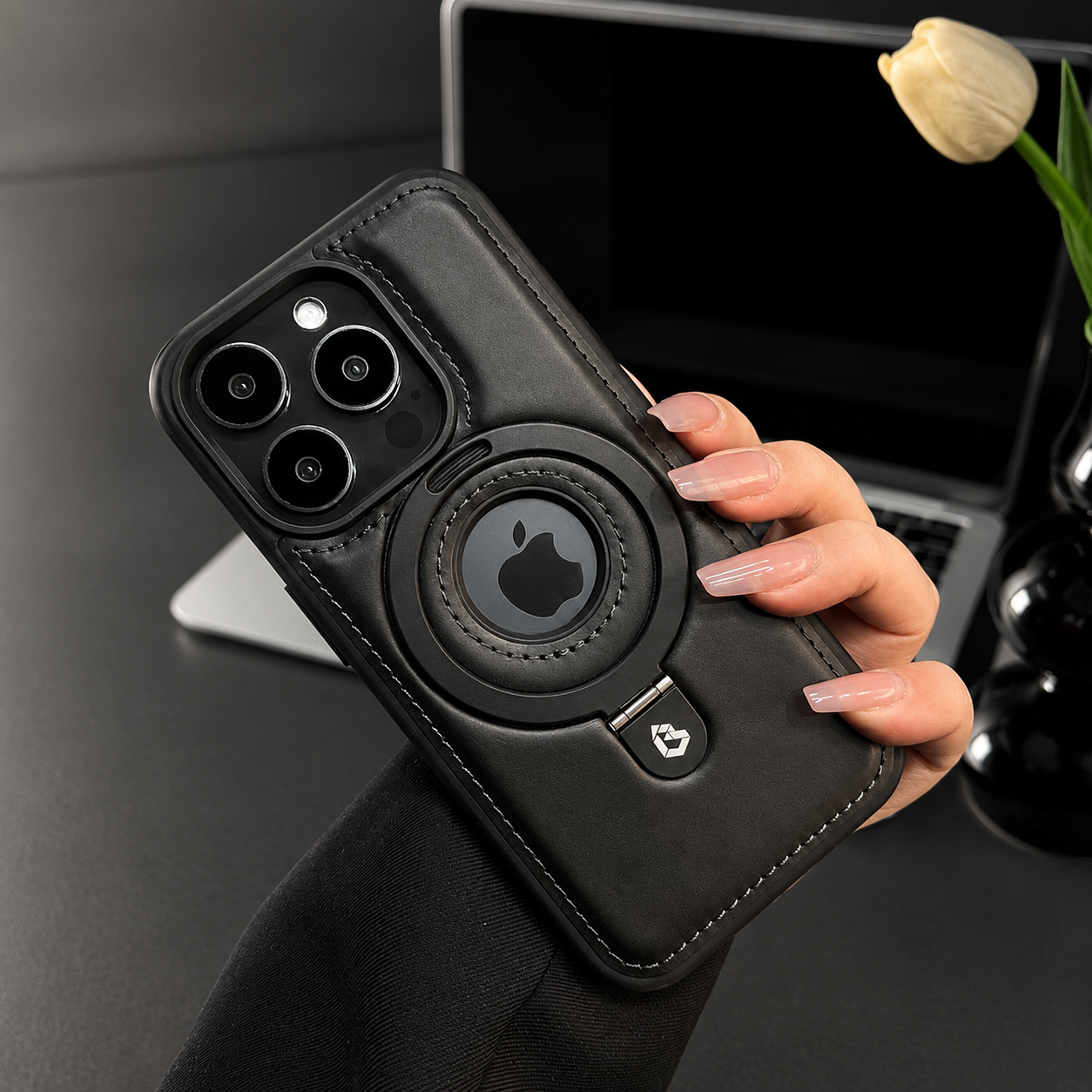 Premium iPhone Case MagSafe Compatible PU Leather Protective Cover 360 Rotating Ring Stand Camera Lens Protection Shockproof Slim Design