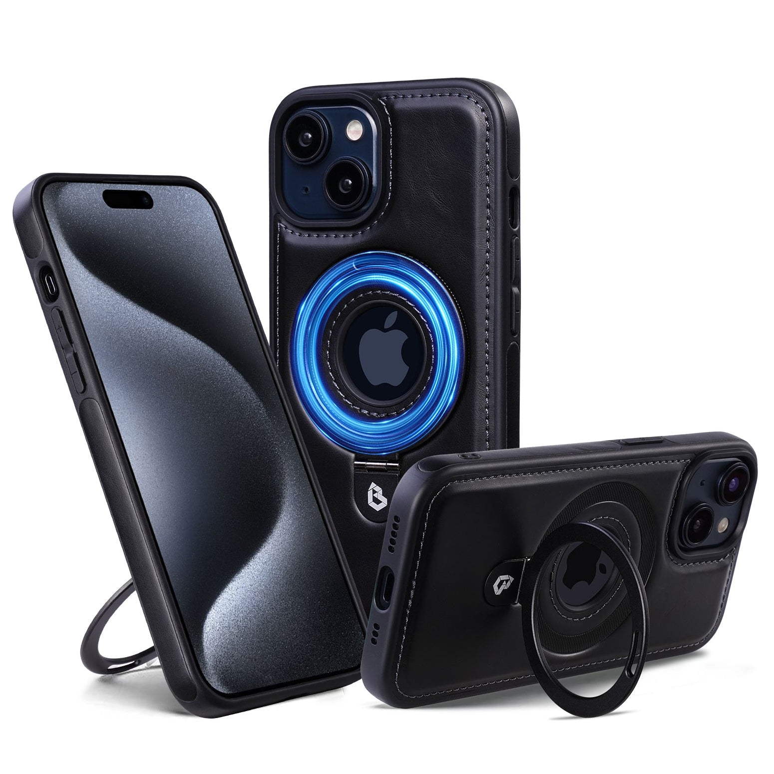 Premium iPhone Case MagSafe Compatible PU Leather Protective Cover 360 Rotating Ring Stand Camera Lens Protection Shockproof Slim Design