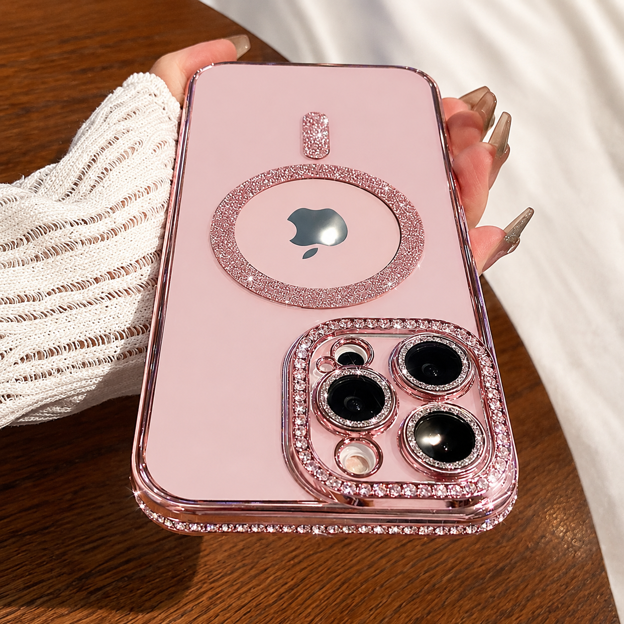 Premium iPhone Case MagSafe Compatible Pink Glitter Clear Protective Cover Camera Lens Protection Shockproof Diamond Texture Slim Lightweight Design