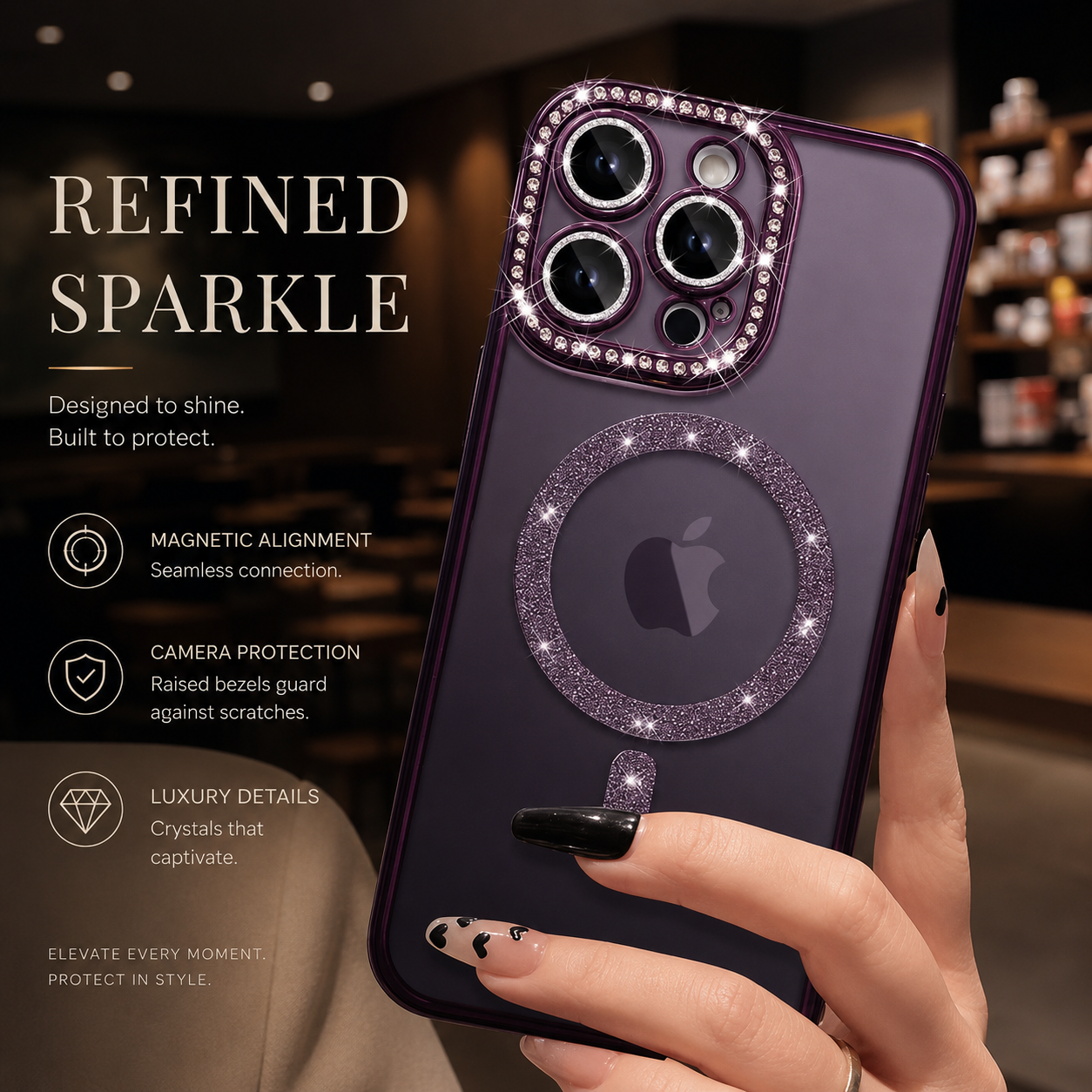 Premium iPhone Case MagSafe Compatible Pink Glitter Clear Protective Cover Camera Lens Protection Shockproof Diamond Texture Slim Lightweight Design