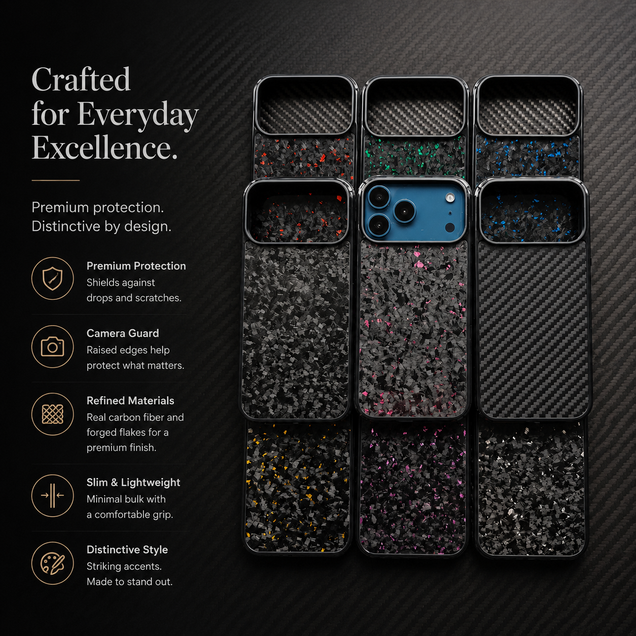 Premium iPhone Case MagSafe Compatible Real Forged Carbon Fiber Finish, TPU Hybrid Structure, Shock Resistant Non Slip Full Coverage Design