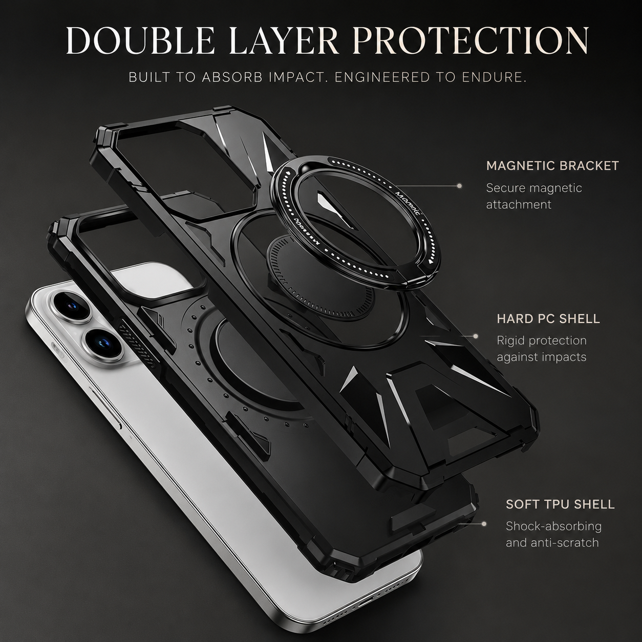 Premium iPhone Case MagSafe Compatible Rugged Armor Protective Cover 360 Rotating Ring Stand Camera Lens Protection Shockproof Hard PC Design