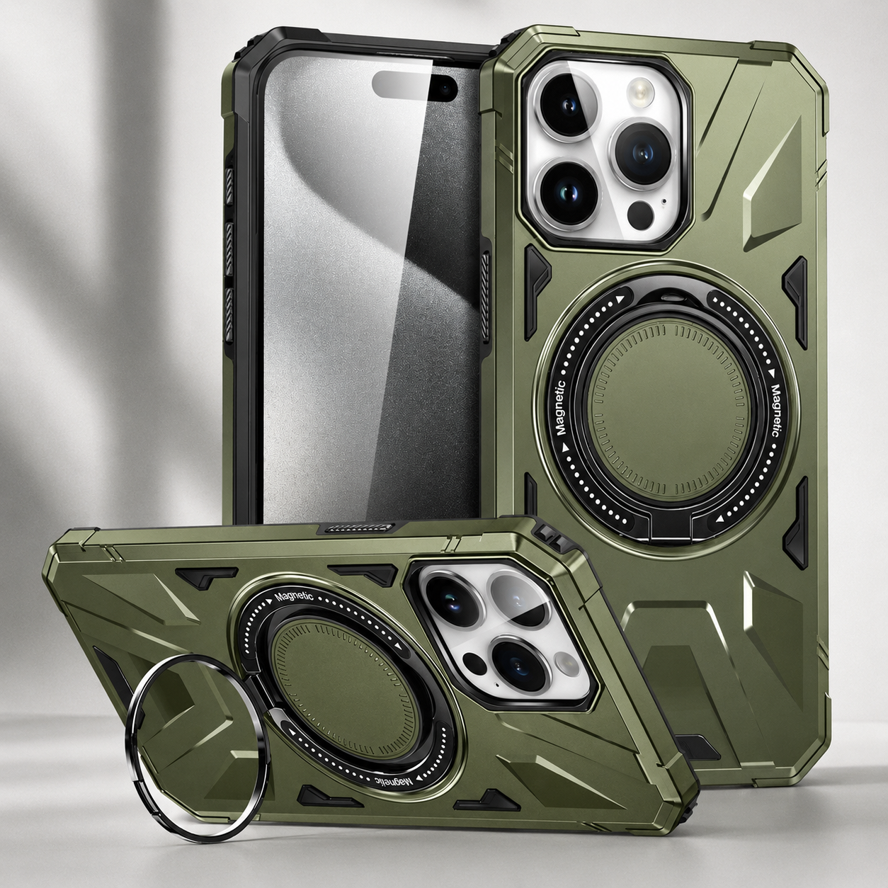 Premium iPhone Case MagSafe Compatible Rugged Armor Protective Cover 360 Rotating Ring Stand Camera Lens Protection Shockproof Hard PC Design