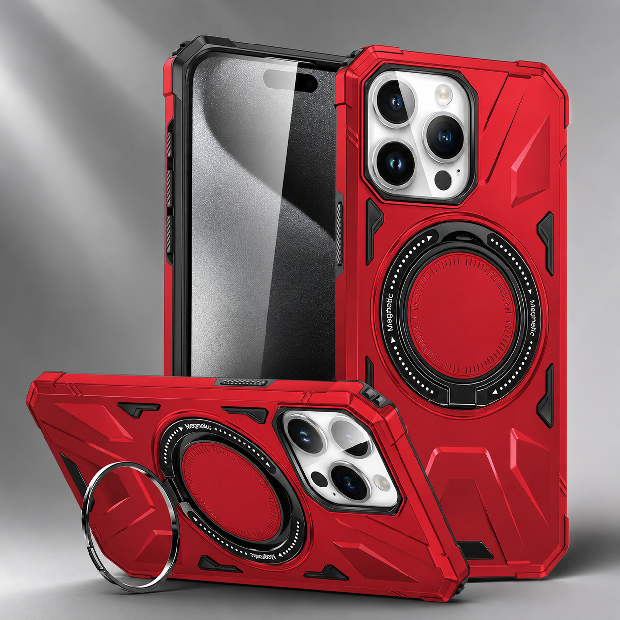 Premium iPhone Case MagSafe Compatible Rugged Armor Protective Cover 360 Rotating Ring Stand Camera Lens Protection Shockproof Hard PC Design