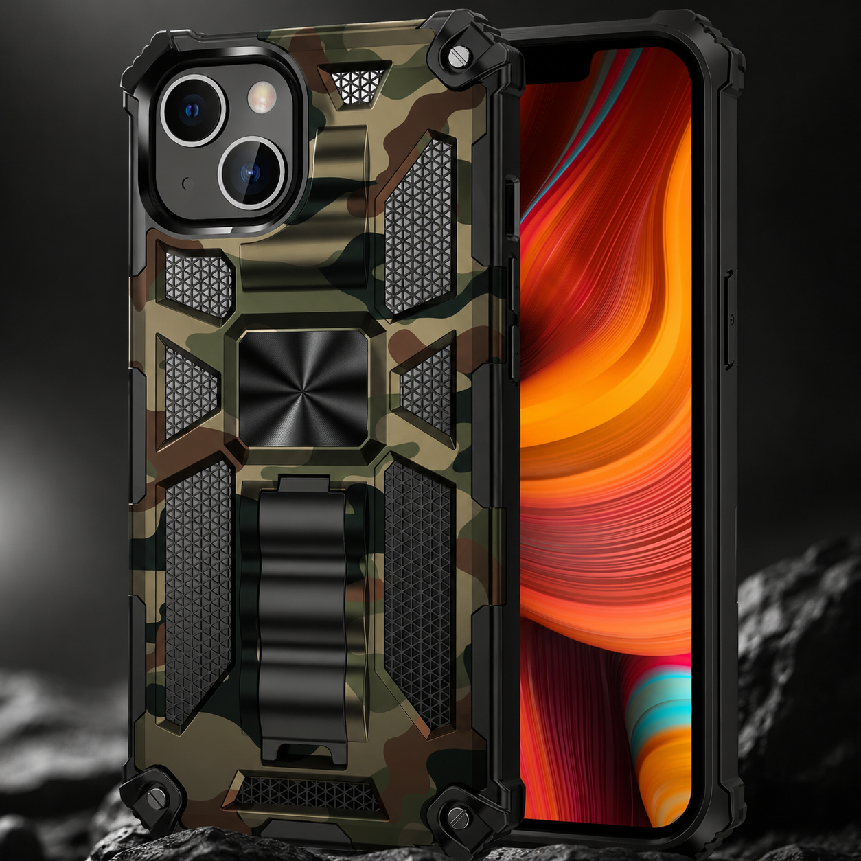 Premium iPhone Case MagSafe Compatible Rugged Armor Protective Cover Camera Lens Protection Shockproof Camouflage Kickstand Heavy Duty Design