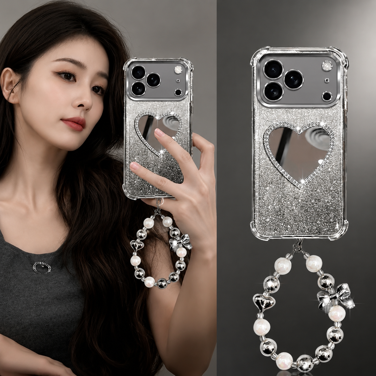 Premium iPhone Case MagSafe Compatible Silicone Build with Bracelet Holder, Mirror Stand, Wireless Charging Support, Non Slip Shock Resistant Design