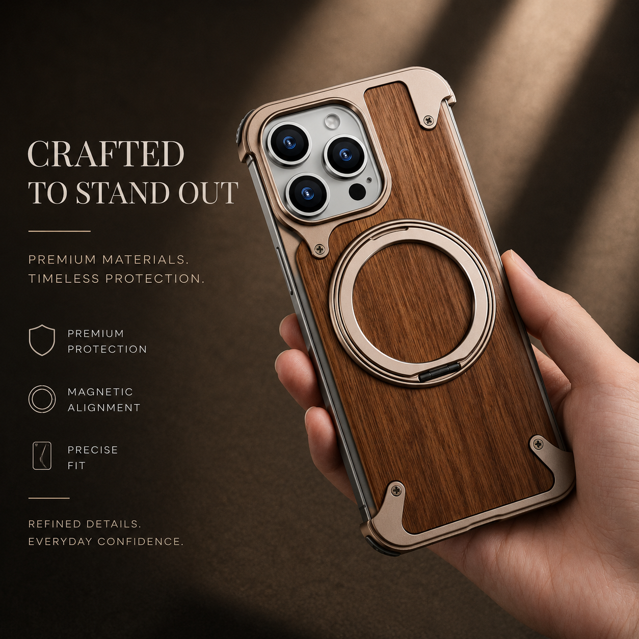 Premium iPhone Case MagSafe Compatible Solid Wood Cover with Camera Lens Protection, 360 Degree Rotating Ring Stand, and Aluminum Frame Construction