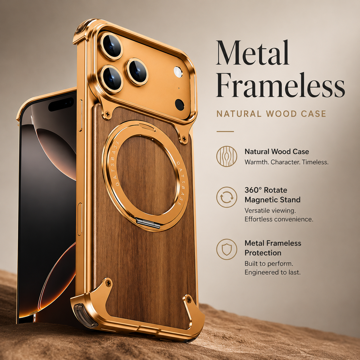 Premium iPhone Case MagSafe Compatible Solid Wood Cover with Camera Lens Protection, 360 Degree Rotating Ring Stand, and Aluminum Frame Construction