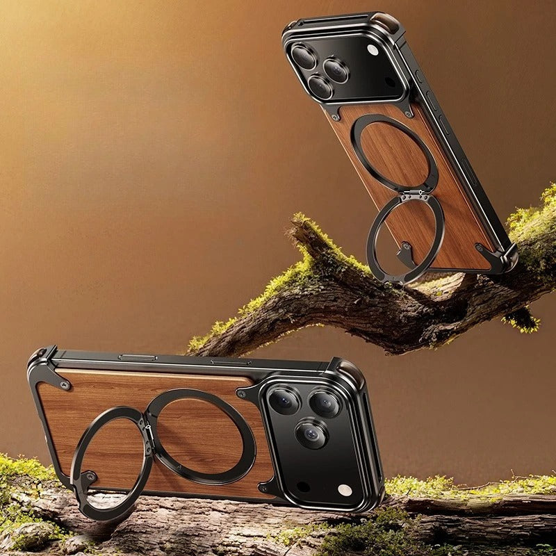 Premium iPhone Case MagSafe Compatible Solid Wood Cover with Camera Lens Protection, 360 Degree Rotating Ring Stand, and Aluminum Frame Construction