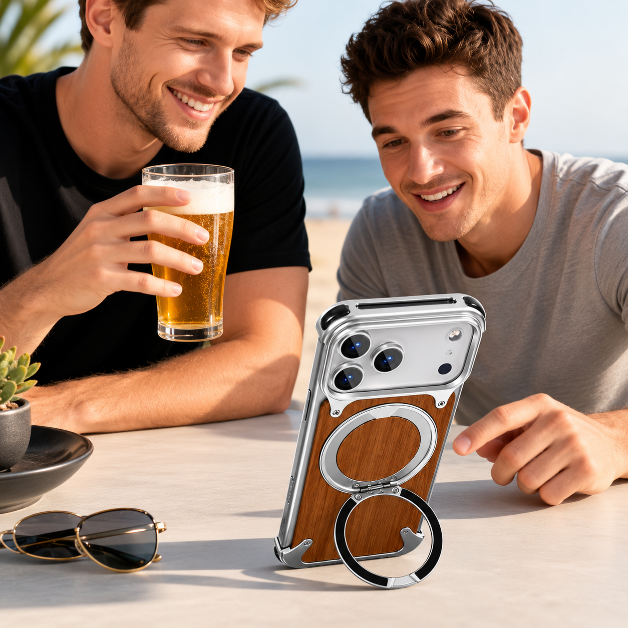 Premium iPhone Case MagSafe Compatible Solid Wood Cover with Camera Lens Protection, 360 Degree Rotating Ring Stand, and Aluminum Frame Construction