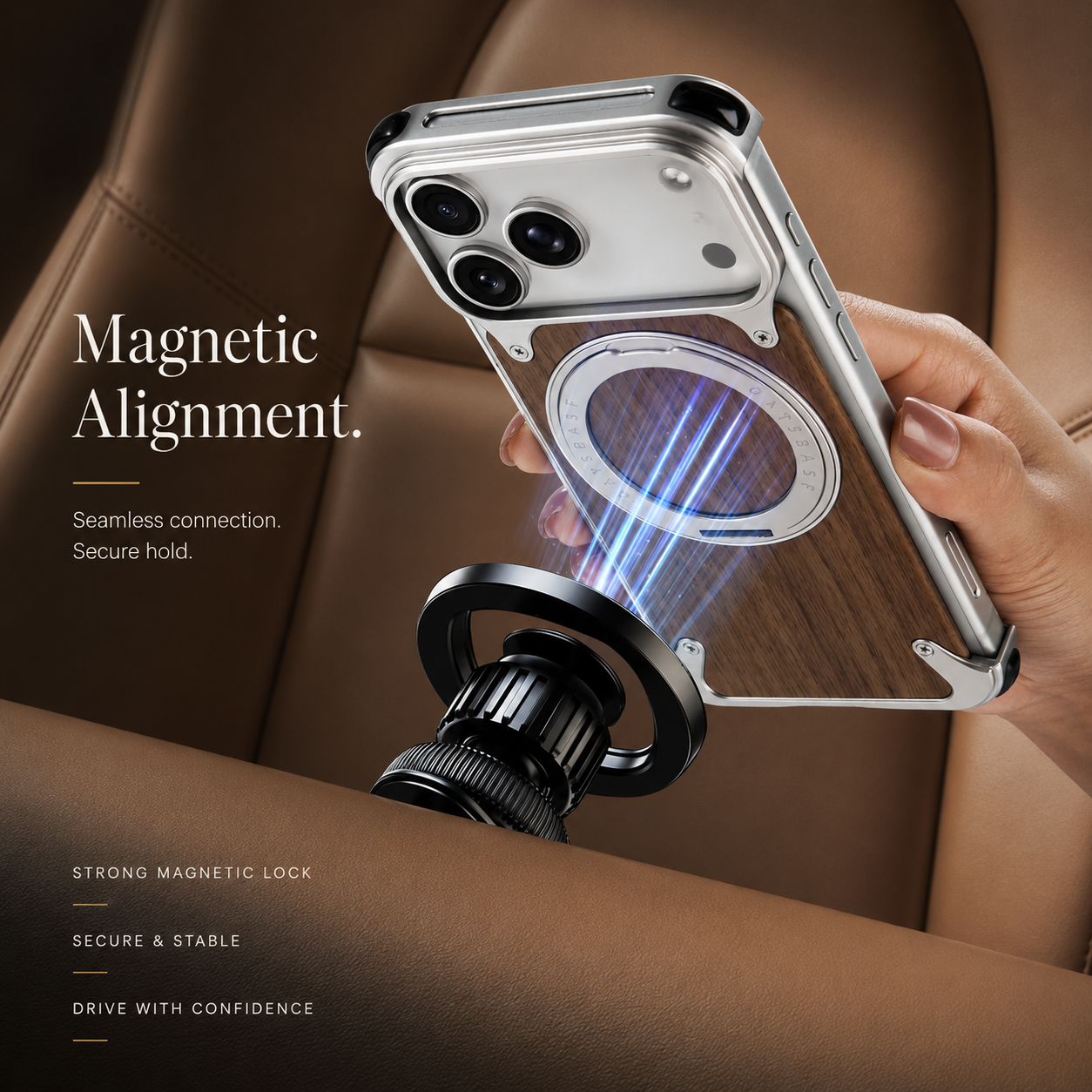 Premium iPhone Case MagSafe Compatible Solid Wood Cover with Camera Lens Protection, 360 Degree Rotating Ring Stand, and Aluminum Frame Construction