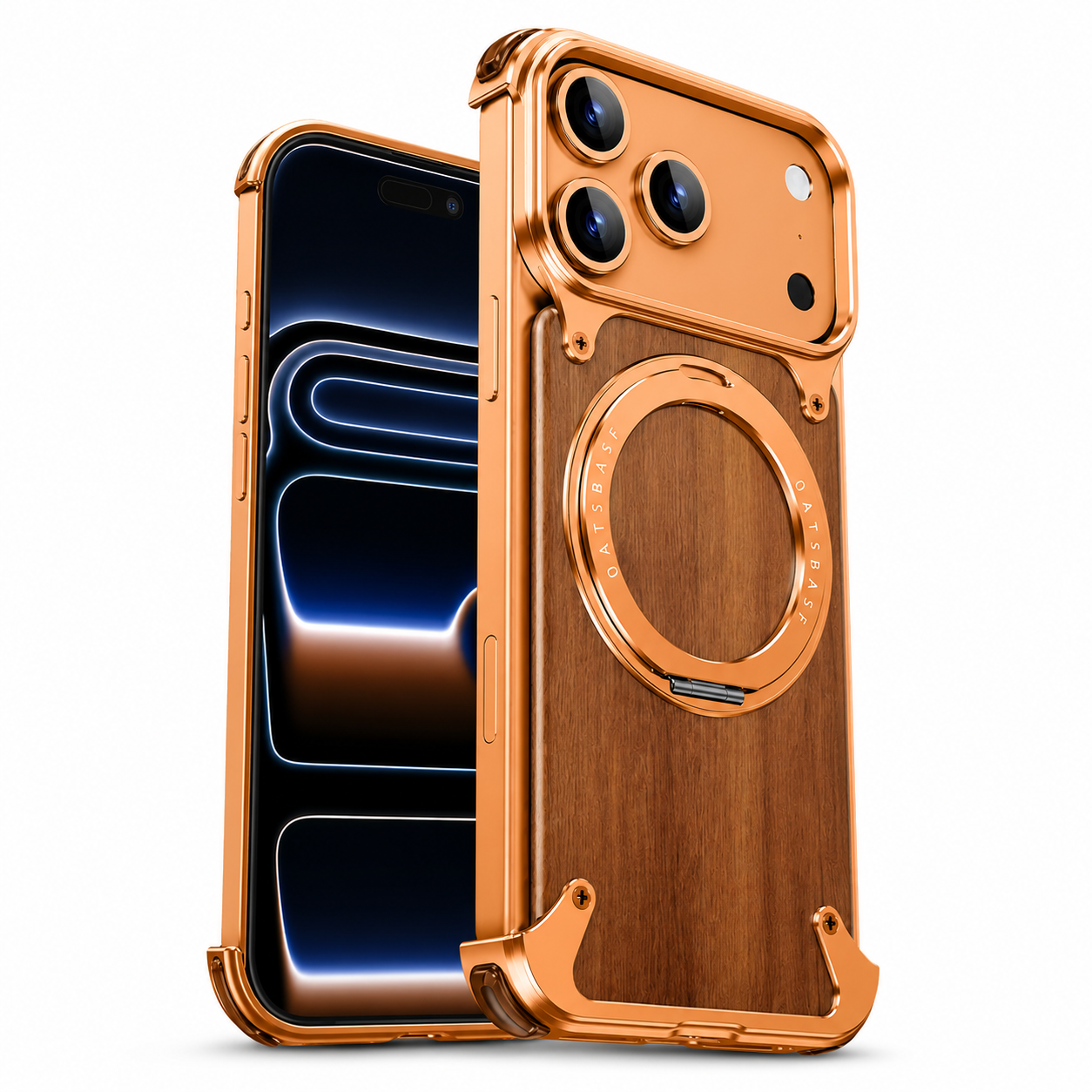 Premium iPhone Case MagSafe Compatible Solid Wood Cover with Camera Lens Protection, 360 Degree Rotating Ring Stand, and Aluminum Frame Construction