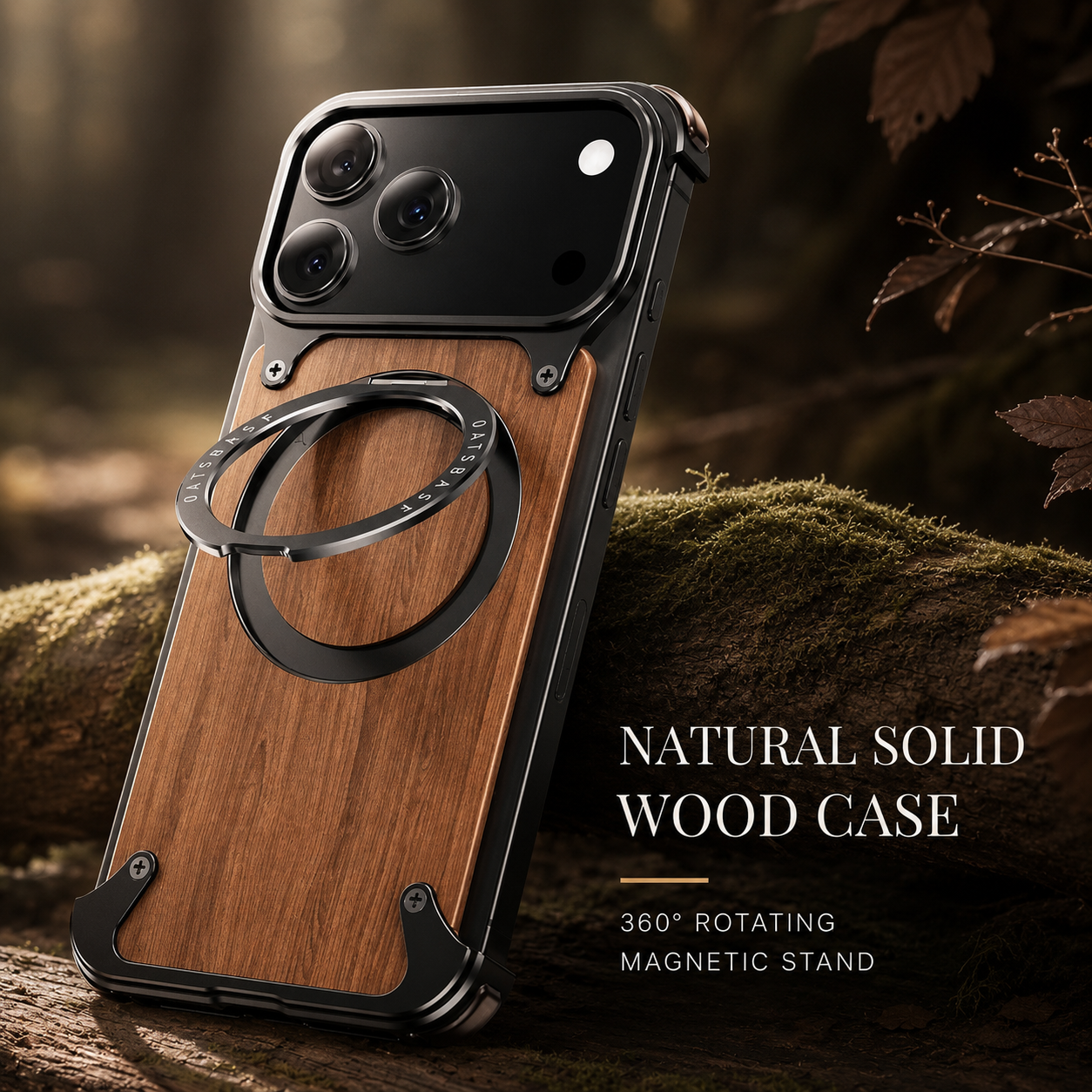 Premium iPhone Case MagSafe Compatible Solid Wood Cover with Camera Lens Protection, 360 Degree Rotating Ring Stand, and Aluminum Frame Construction
