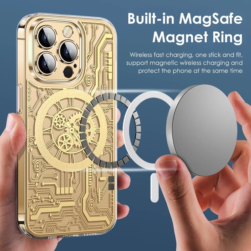 Premium iPhone Case MagSafe Compatible Transparent Protective Cover Camera Lens Protection Shockproof Clear Back Mechanical Texture Bumper Frame