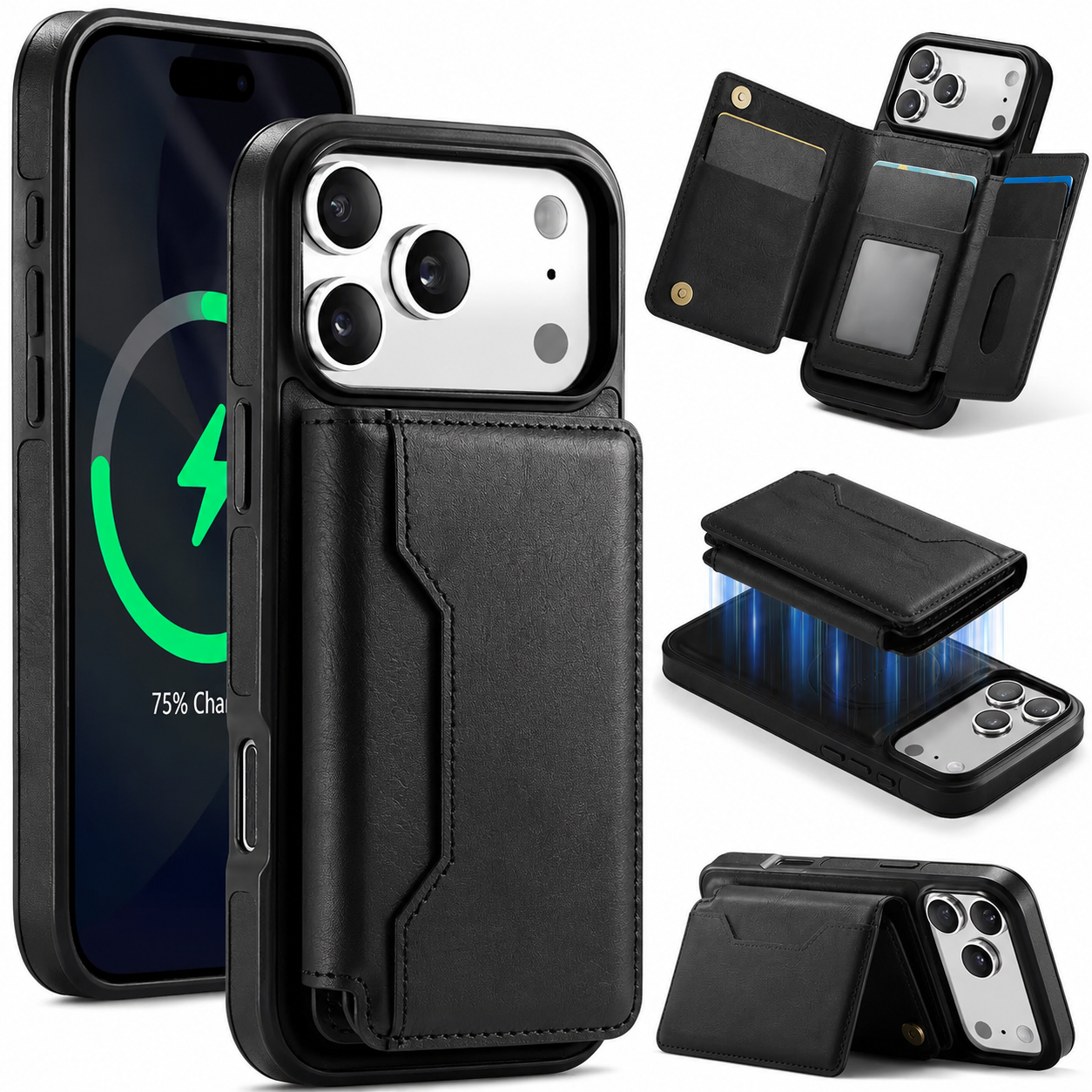 Premium iPhone Case MagSafe Compatible Wallet Cover Card Holder Shockproof Protective Cover Detachable Magnetic Leather Design