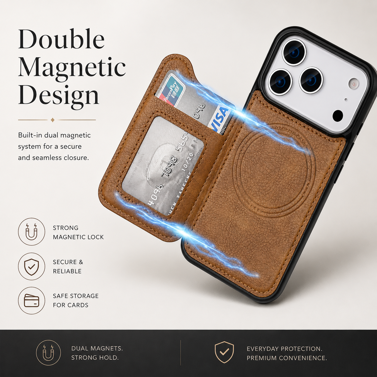 Premium iPhone Case MagSafe Compatible Wallet Cover Card Holder Shockproof Protective Cover Magnetic Flip Leather Design