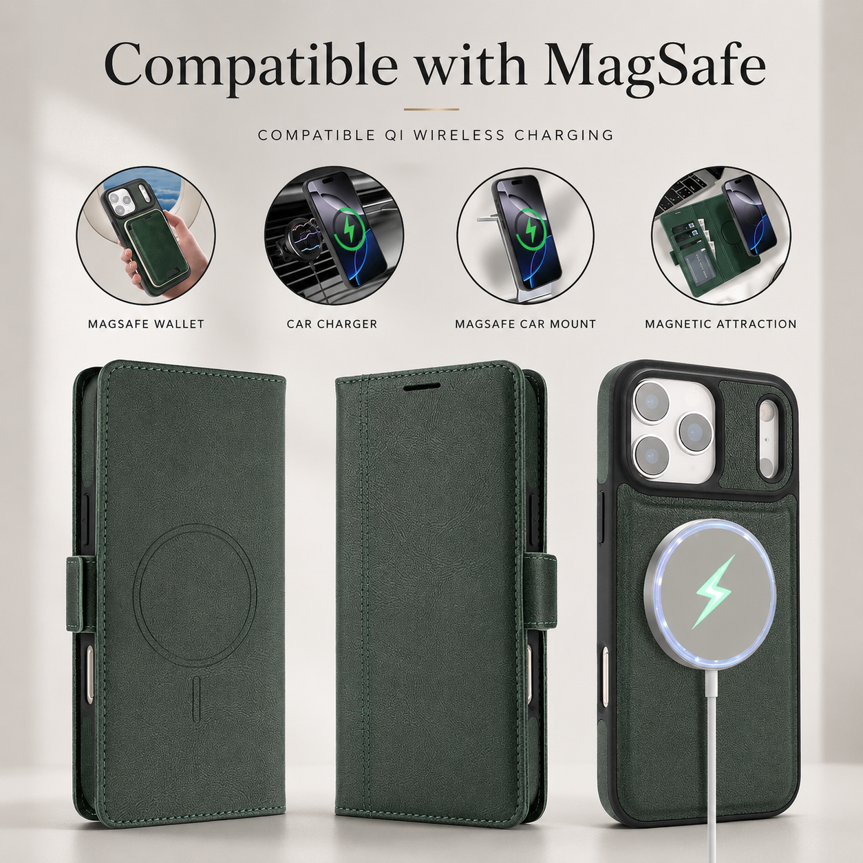 Premium iPhone Case MagSafe Compatible Wallet Cover with Card Holder, Magnetic Leather Matte Finish, Anti Fingerprint Surface, Shockproof Protection