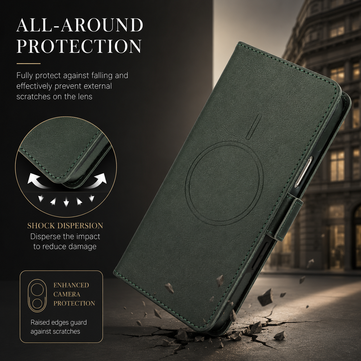Premium iPhone Case MagSafe Compatible Wallet Cover with Card Holder, Magnetic Leather Matte Finish, Anti Fingerprint Surface, Shockproof Protection