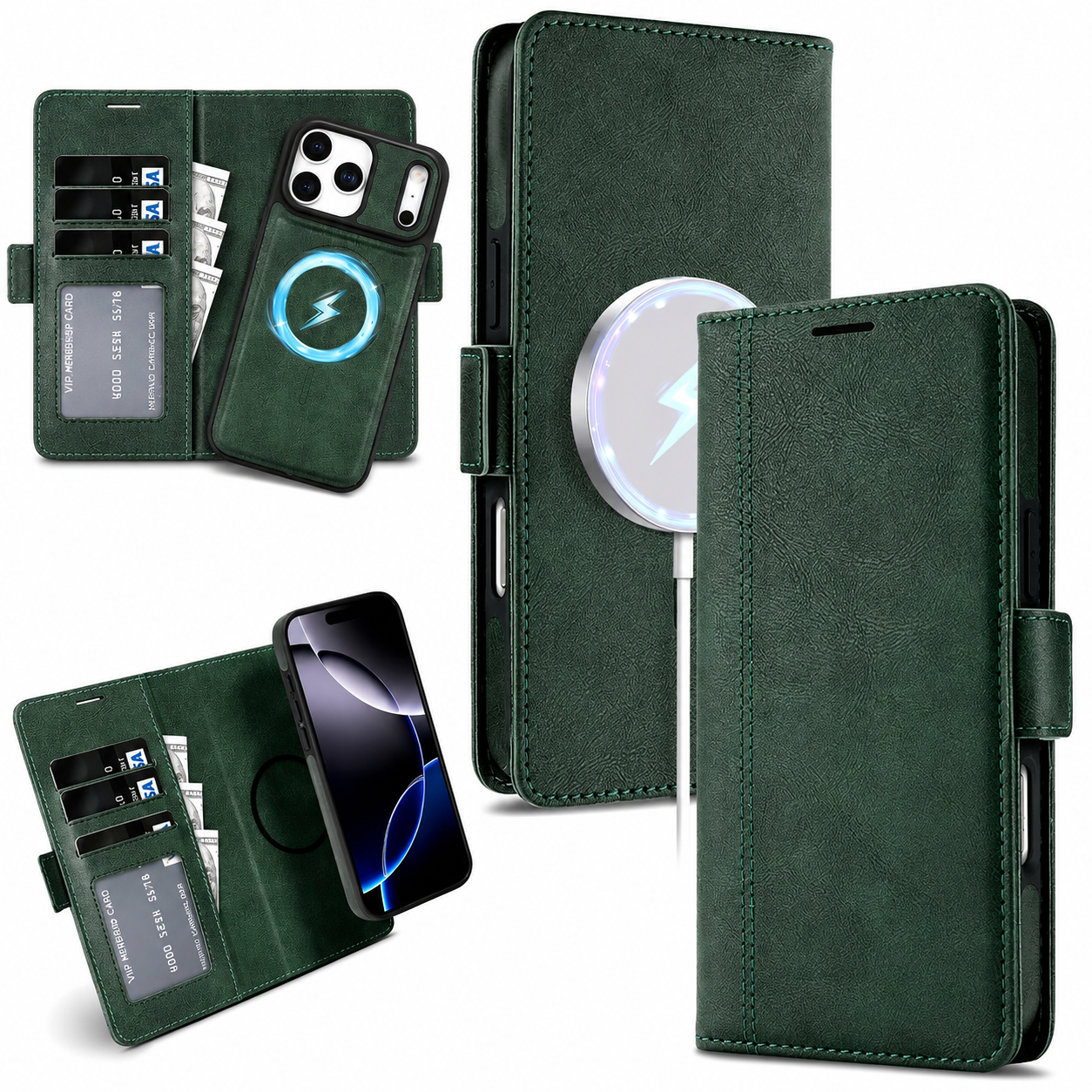 Premium iPhone Case MagSafe Compatible Wallet Cover with Card Holder, Magnetic Leather Matte Finish, Anti Fingerprint Surface, Shockproof Protection