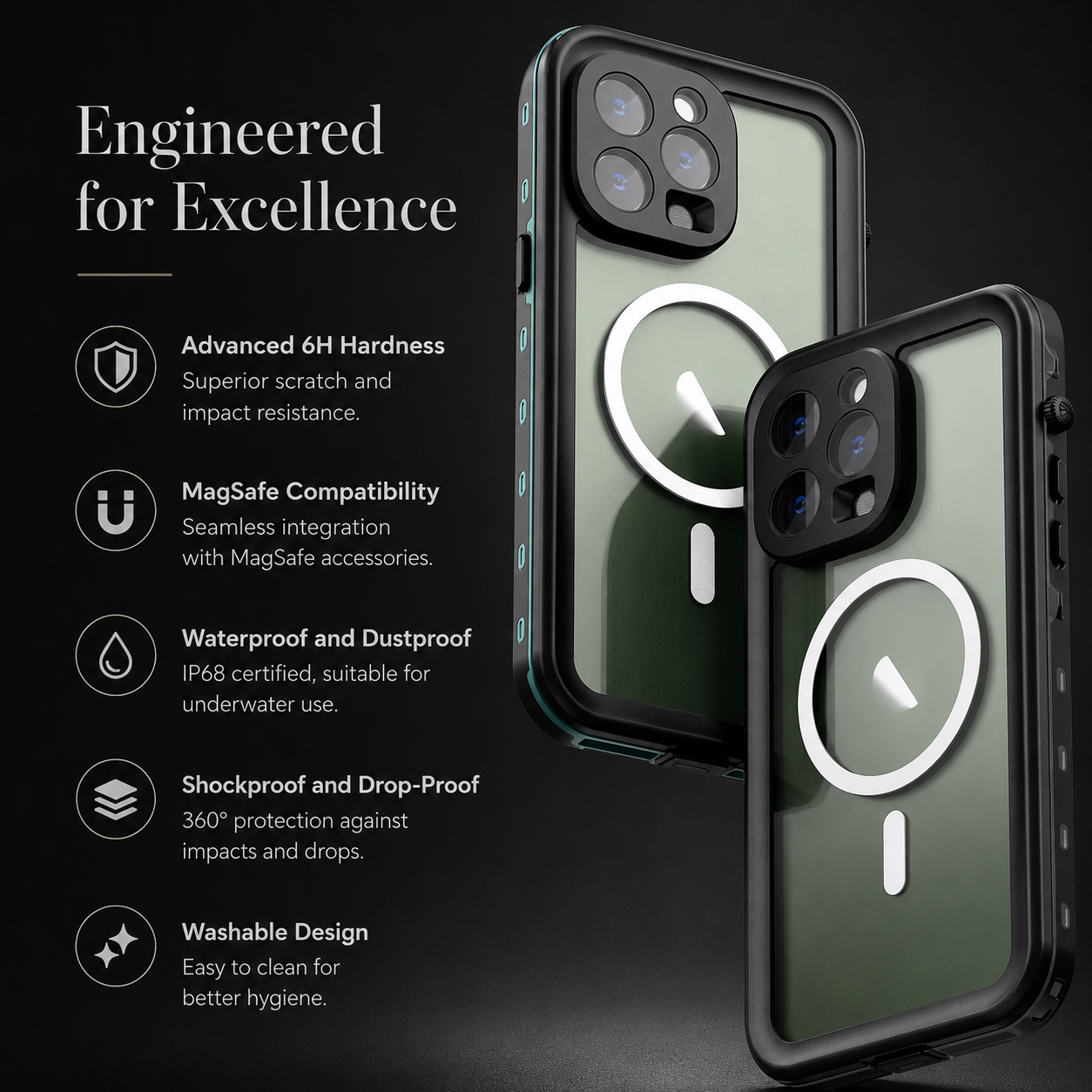 Premium iPhone Case MagSafe Compatible Waterproof IP68 Cover Camera Lens Protection Shockproof Full Body Sealed Transparent Design Anti Scratch Dustproof Protective Bumper