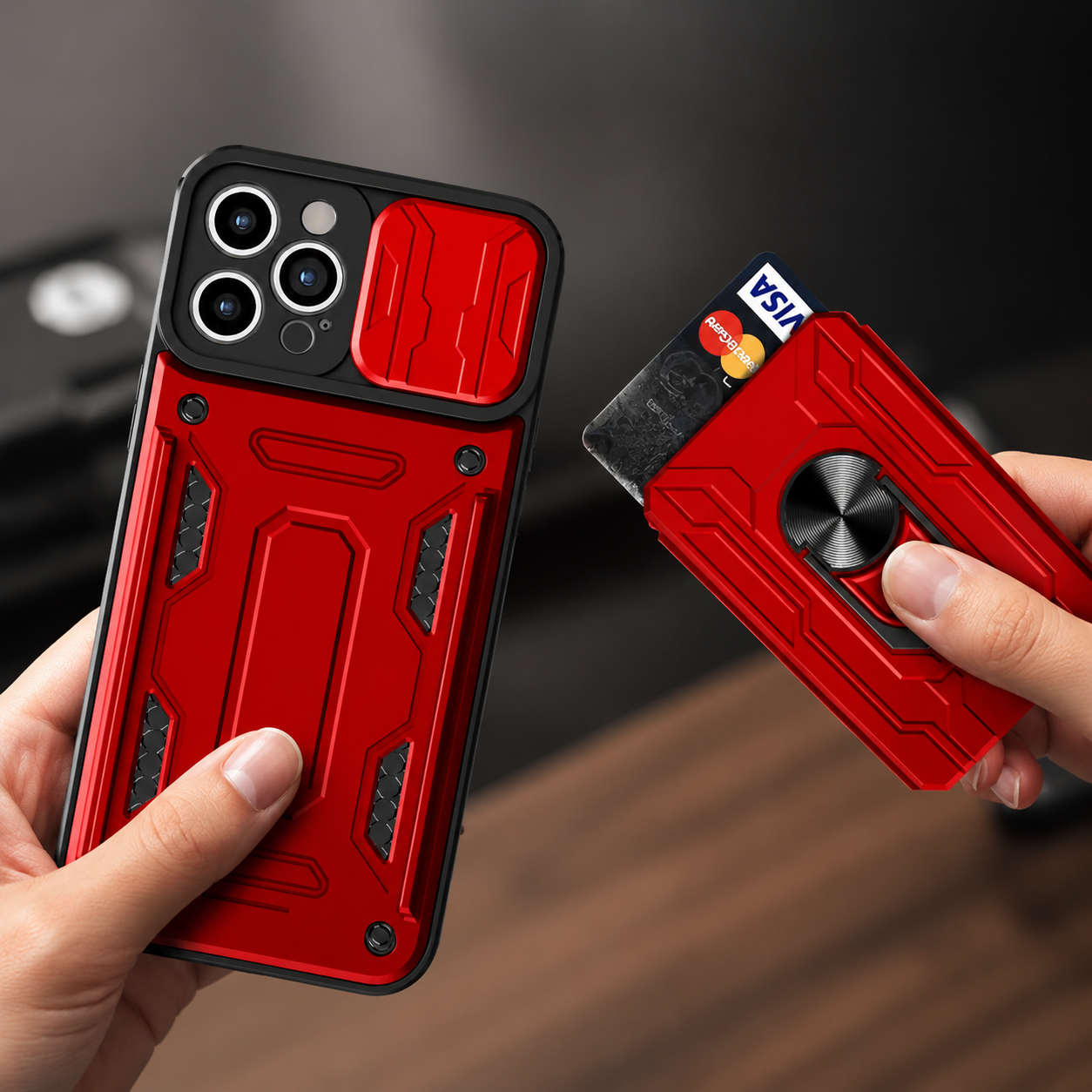 Premium iPhone Case Magnetic Bumper Design with Camera Lens Protection, Card Slot Storage, 360 Degree Ring Stand and Shockproof PC TPU Build