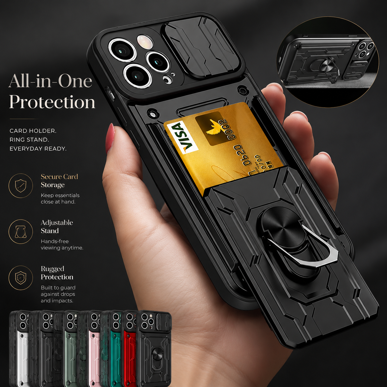 Premium iPhone Case Magnetic Bumper Design with Camera Lens Protection, Card Slot Storage, 360 Degree Ring Stand and Shockproof PC TPU Build