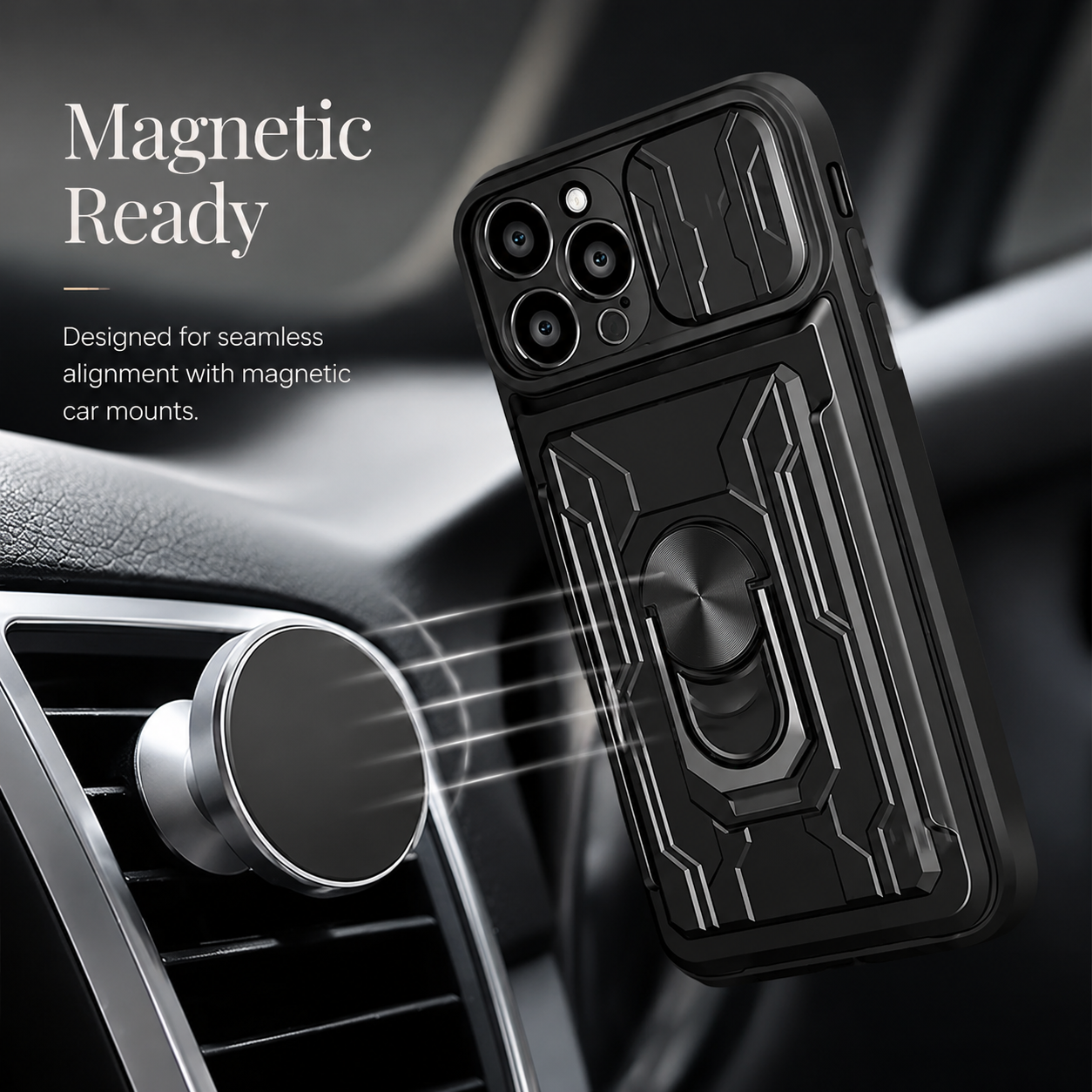 Premium iPhone Case Magnetic Bumper Design with Camera Lens Protection, Card Slot Storage, 360 Degree Ring Stand and Shockproof PC TPU Build
