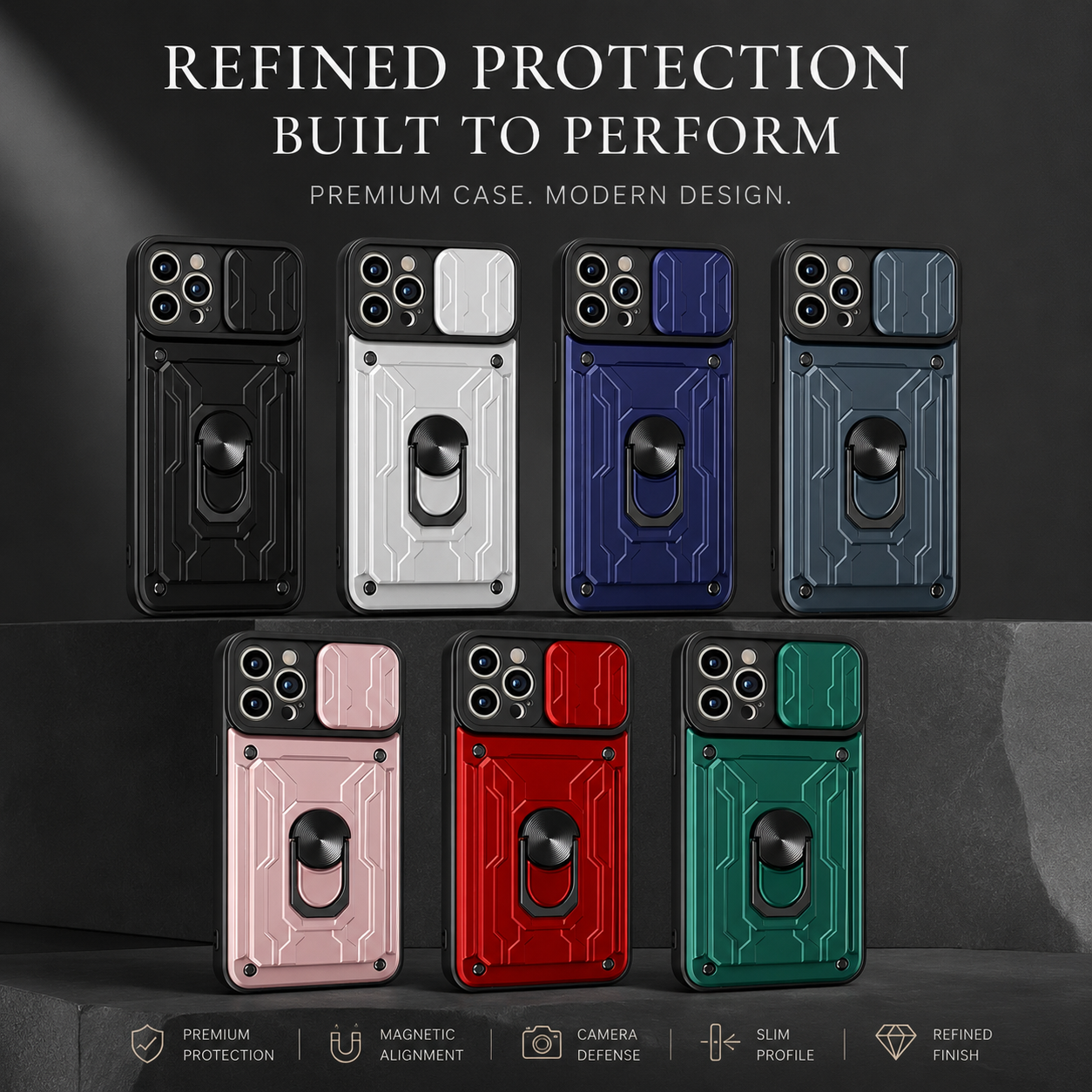 Premium iPhone Case Magnetic Bumper Design with Camera Lens Protection, Card Slot Storage, 360 Degree Ring Stand and Shockproof PC TPU Build