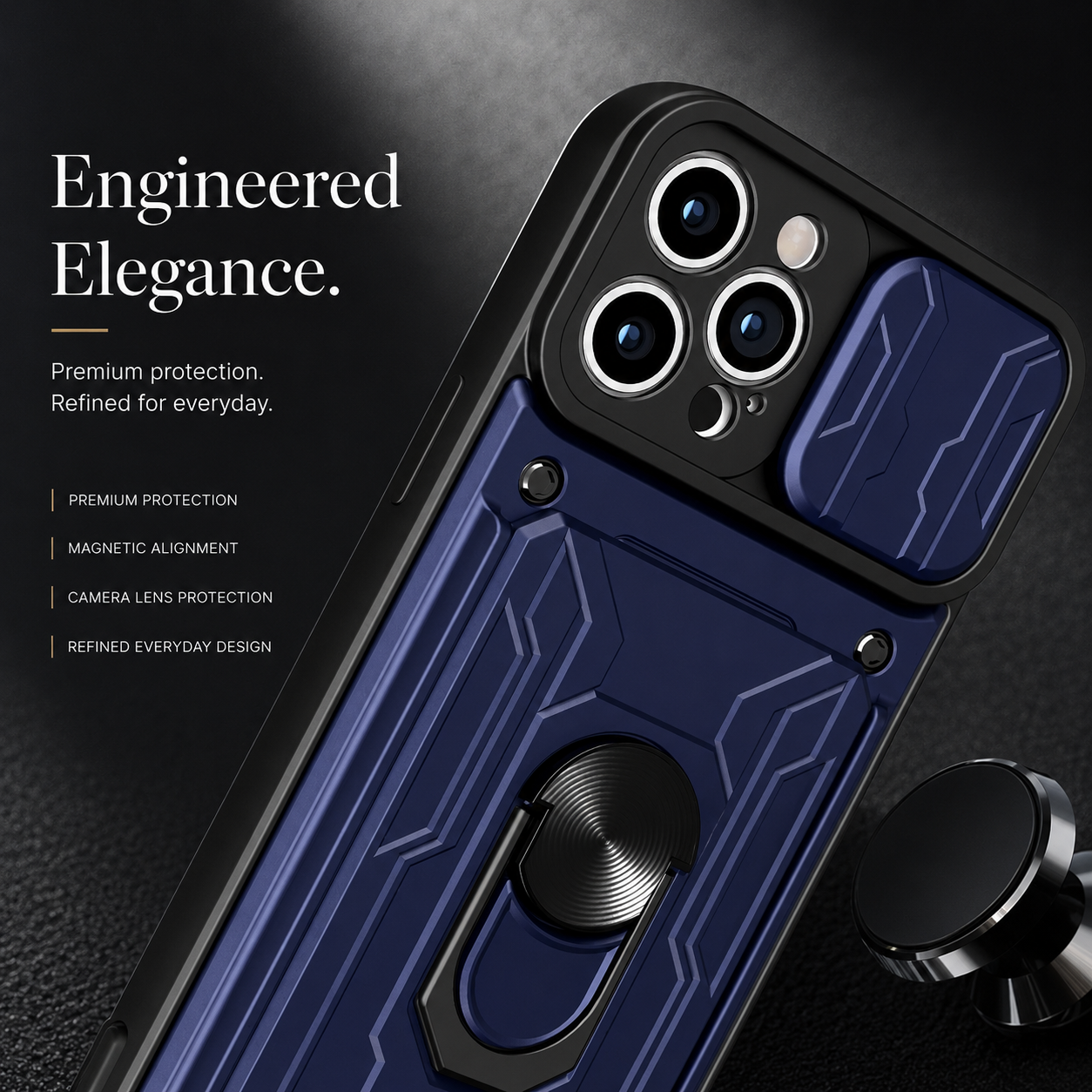 Premium iPhone Case Magnetic Bumper Design with Camera Lens Protection, Card Slot Storage, 360 Degree Ring Stand and Shockproof PC TPU Build