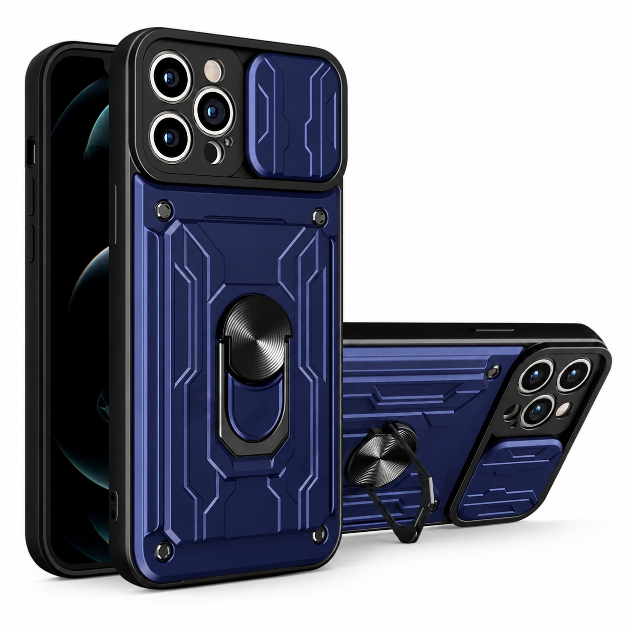 Premium iPhone Case Magnetic Bumper Design with Camera Lens Protection, Card Slot Storage, 360 Degree Ring Stand and Shockproof PC TPU Build