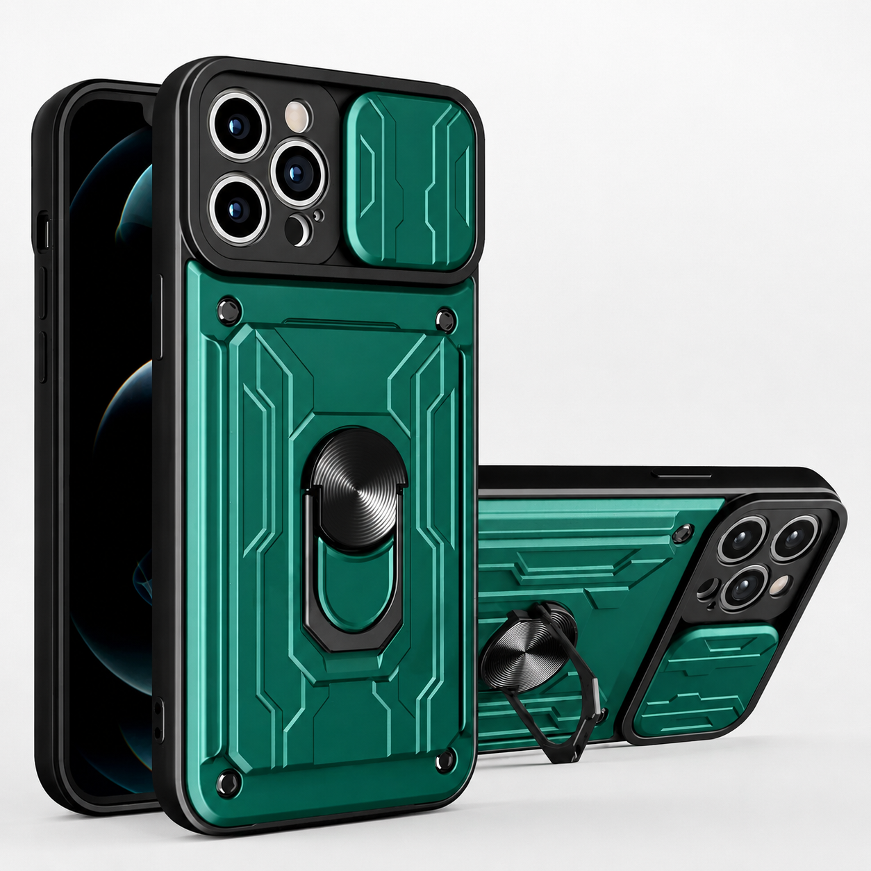 Premium iPhone Case Magnetic Bumper Design with Camera Lens Protection, Card Slot Storage, 360 Degree Ring Stand and Shockproof PC TPU Build