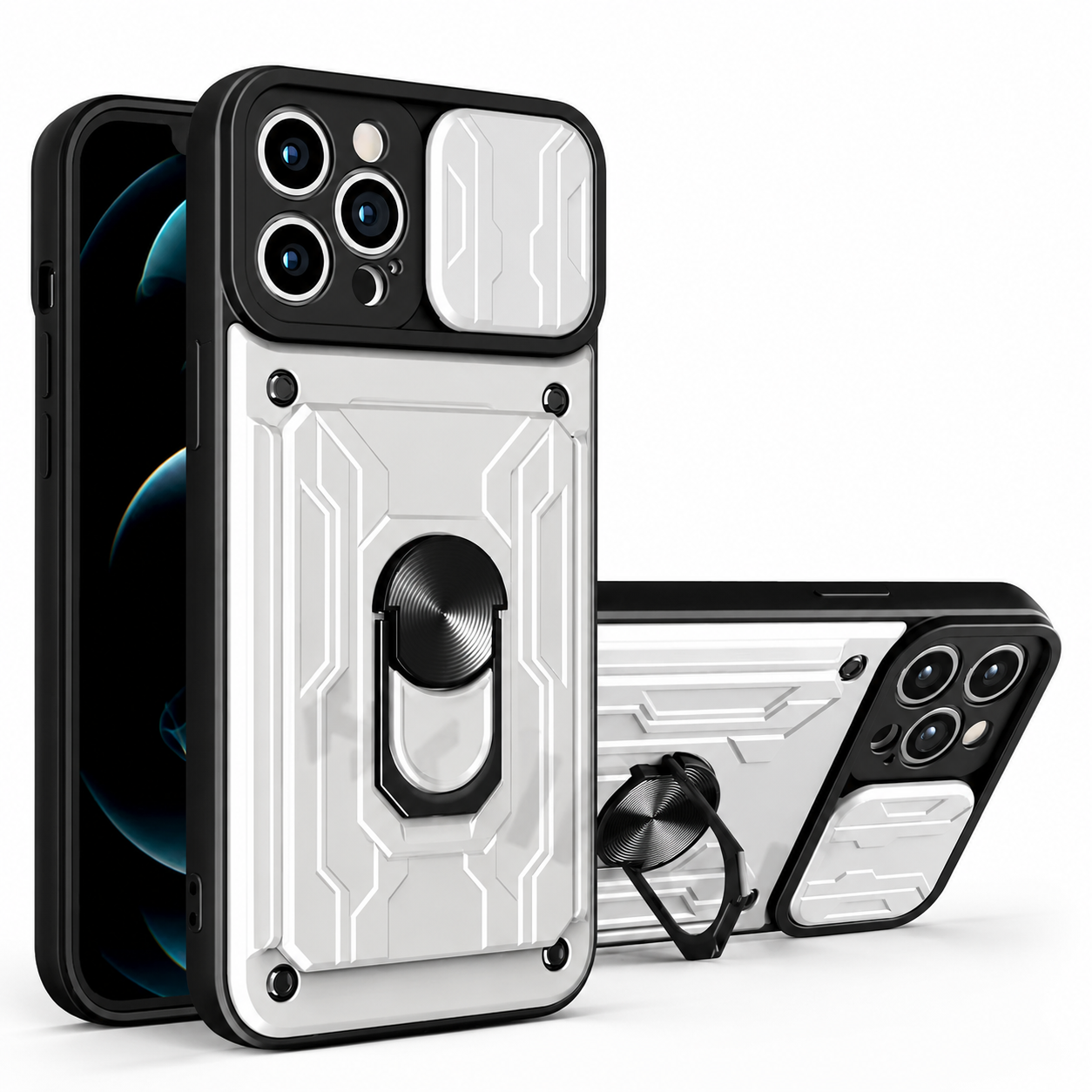 Premium iPhone Case Magnetic Bumper Design with Camera Lens Protection, Card Slot Storage, 360 Degree Ring Stand and Shockproof PC TPU Build