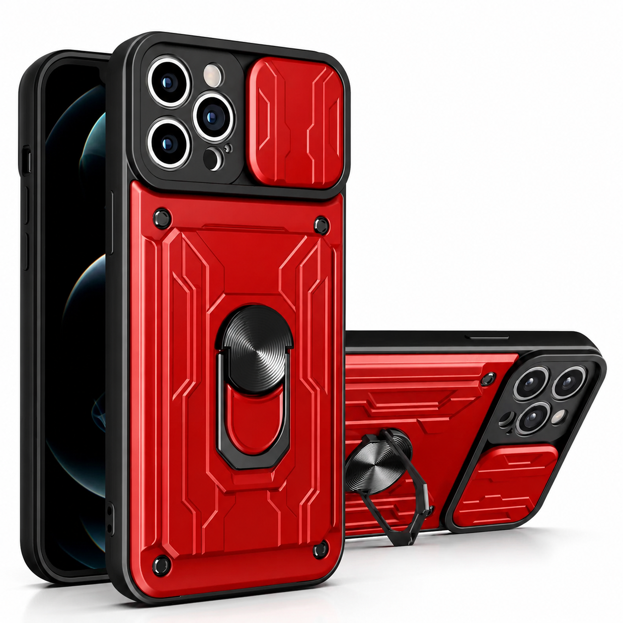 Premium iPhone Case Magnetic Bumper Design with Camera Lens Protection, Card Slot Storage, 360 Degree Ring Stand and Shockproof PC TPU Build