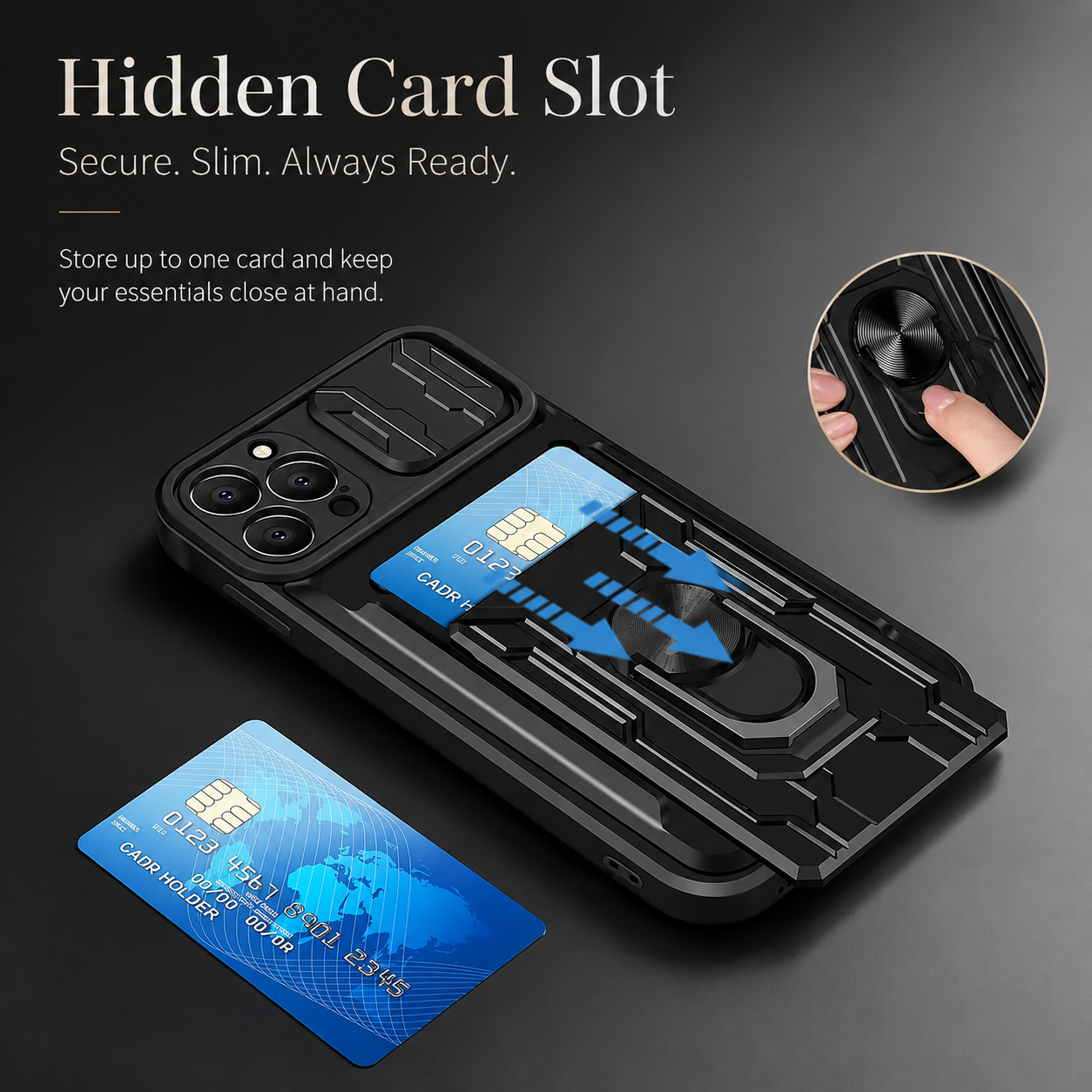 Premium iPhone Case Magnetic Bumper Design with Camera Lens Protection, Card Slot Storage, 360 Degree Ring Stand and Shockproof PC TPU Build