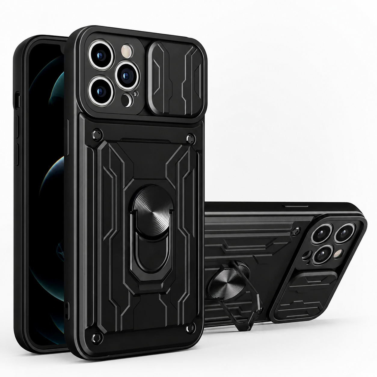 Premium iPhone Case Magnetic Bumper Design with Camera Lens Protection, Card Slot Storage, 360 Degree Ring Stand and Shockproof PC TPU Build