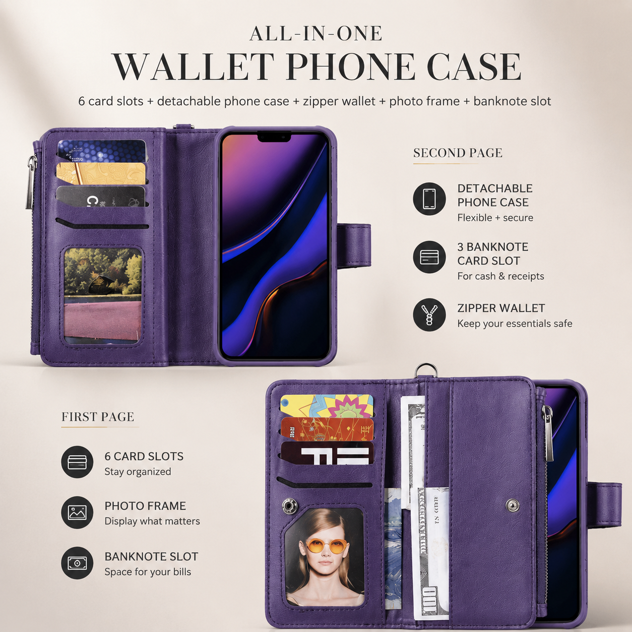 Premium iPhone Case Magnetic Detachable Wallet Flip Cover PU Leather Card Holder Handbag Design Stand Feature Shockproof Full Protection Organizer