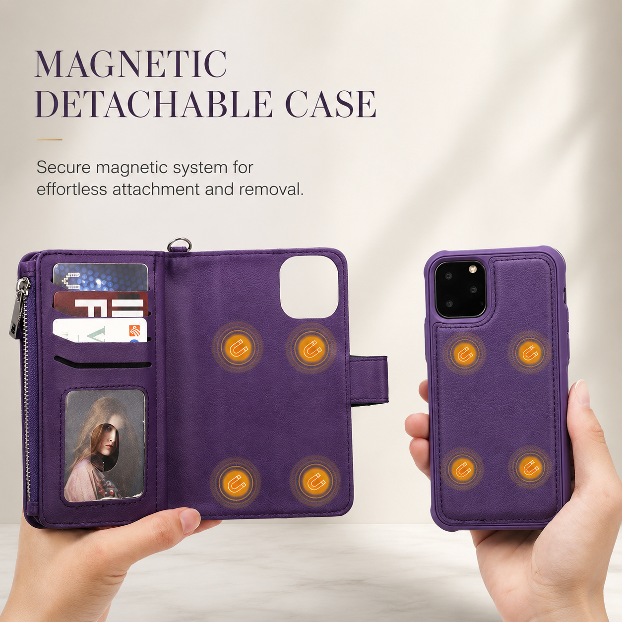 Premium iPhone Case Magnetic Detachable Wallet Flip Cover PU Leather Card Holder Handbag Design Stand Feature Shockproof Full Protection Organizer