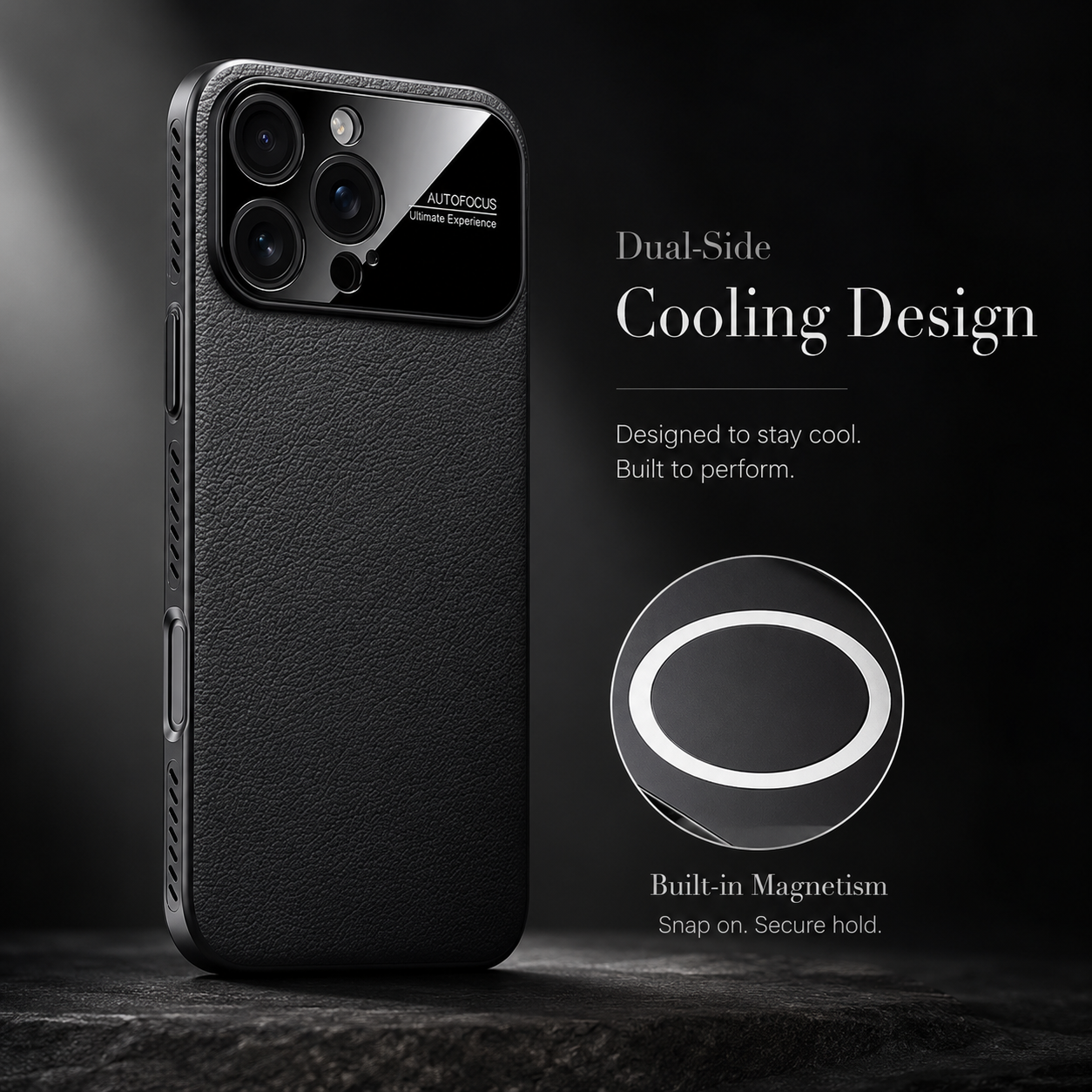 Premium iPhone Case Magnetic Leather Finish with Heat Dissipation Side Vents, Anti Scratch Texture, Anti Fingerprint Coating, Half Wrapped Design