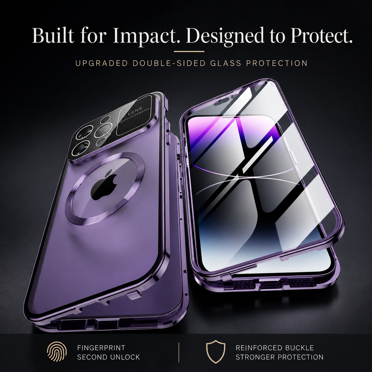 Premium iPhone Case Magnetic Metal Cover Aluminum Frame Tempered Glass Screen Guard Large Lens Window Shockproof Anti Scratch Slim Protective Design