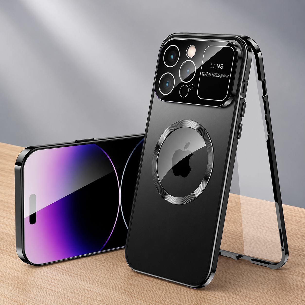 Premium iPhone Case Magnetic Metal Cover Aluminum Frame Tempered Glass Screen Guard Large Lens Window Shockproof Anti Scratch Slim Protective Design