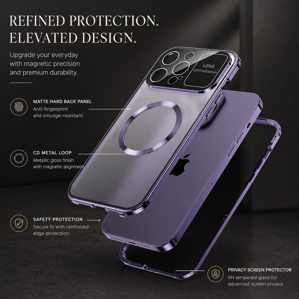 Premium iPhone Case Magnetic Metal Cover Aluminum Frame Tempered Glass Screen Guard Large Lens Window Shockproof Anti Scratch Slim Protective Design