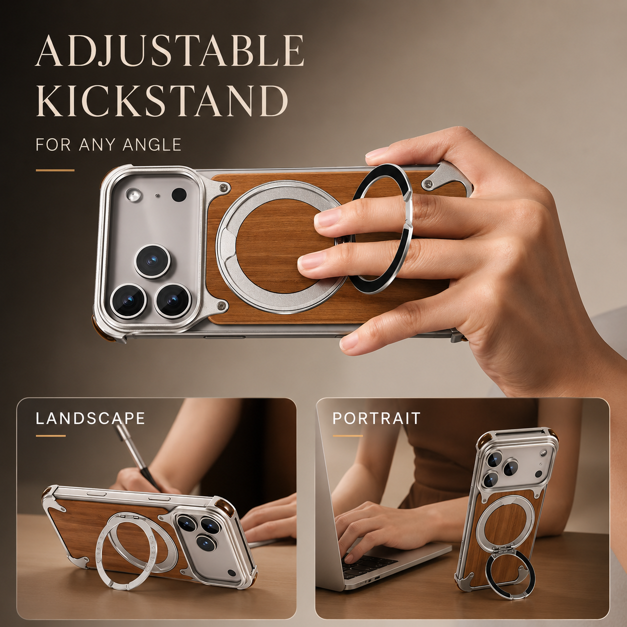 Premium iPhone Case Magnetic Solid Wood Cover, Shockproof Protective Design with 360° Rotating Ring Stand, Aluminum Frame and Secure Non-Slip Grip