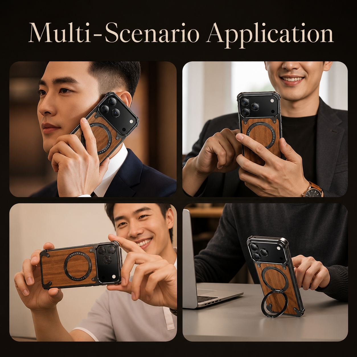 Premium iPhone Case Magnetic Solid Wood Cover, Shockproof Protective Design with 360° Rotating Ring Stand, Aluminum Frame and Secure Non-Slip Grip